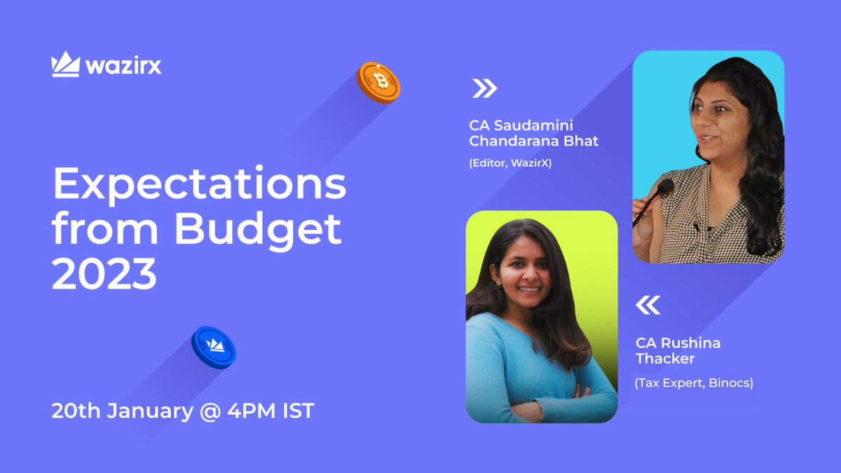 WazirXIndia's tweet photo. Budget 2023 is around the corner 📝

Join us for a live session with @rushina15 from @binocs_co and @CSaudamini from WazirX as we discuss the Expectations from Budget 2023 for the crypto industry on WazirX YouTube. 

Click on notify me &amp; stay tuned 👉 https://t.co/S3WlbUjOnX https://t.co/SzN20N34N1