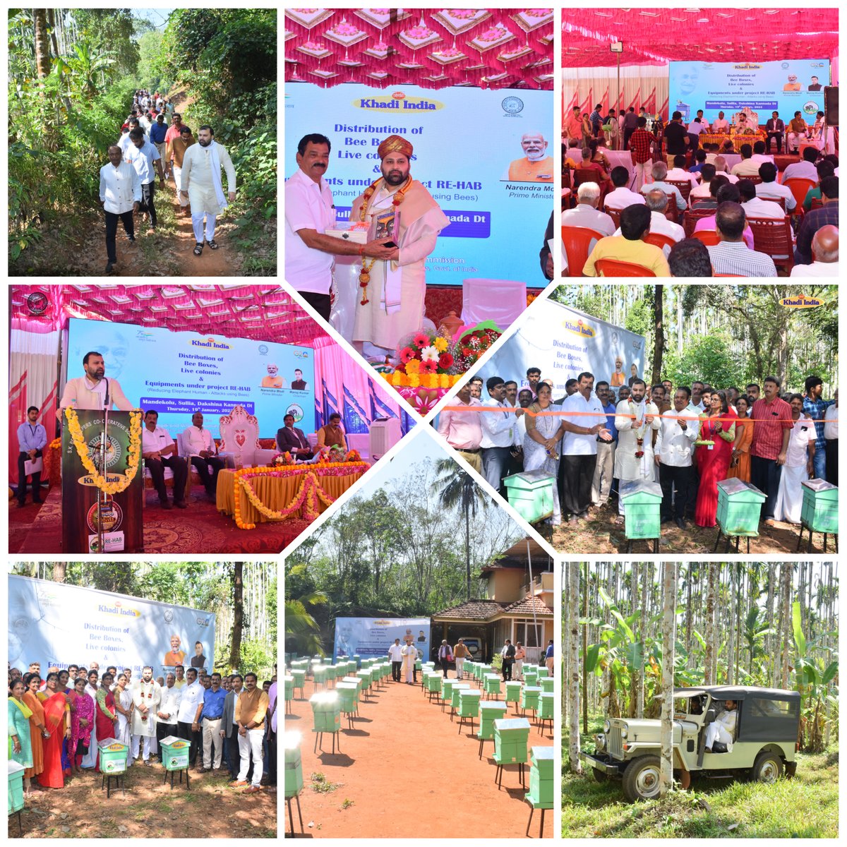 kvicindia's tweet photo. Hon'ble Chairman #KVIC Shri @manojgoelbjp inaugurated Project RE-HAB (Reducing Elephant-Human Attacks using Bees) and distributed Bee Boxes & Live Bee Colonies to the farmers in Sullia, Dakshin Kannada Dist., Karnataka on 19th Jan.
#Khadi #ProjectREHAB #AatmanirbharBharat https://t.co/2z5FEHbKzg