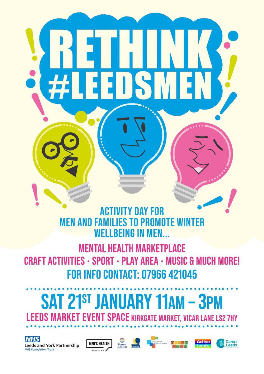 @LeedsDads @CarersLeeds @mhuleeds @ActiveLeeds @leedsforhealth @LeedsMarkets @lypft_perinatal @LeedsandYorkPFT @westyorkssbs Join NHS Leeds’ Perinatal Mental Health Service’s day of activities to support men & dads wellbeing

It’s this Sat 21 Jan 11-3pm Kirkgate Market Event Space

Contributors incl:

@mhuleeds
@GetLeeds
@LMWS_NHS
Andy’s Man Club Leeds
@CarersLeeds
@LeedsDads

#ChildFriendly
#LeedsMen