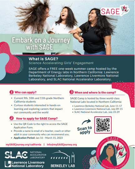 teentechsf's tweet photo. Applications are now open for the SAGE ( Science Accelerating Girls' Engagement in STEM) summer camp, open to 9th-11th graders in northern Califronia! The deadline to apply is March 15, 2023. See for more details: https://t.co/MgBm7uoofq https://t.co/NNIu1u2Yug