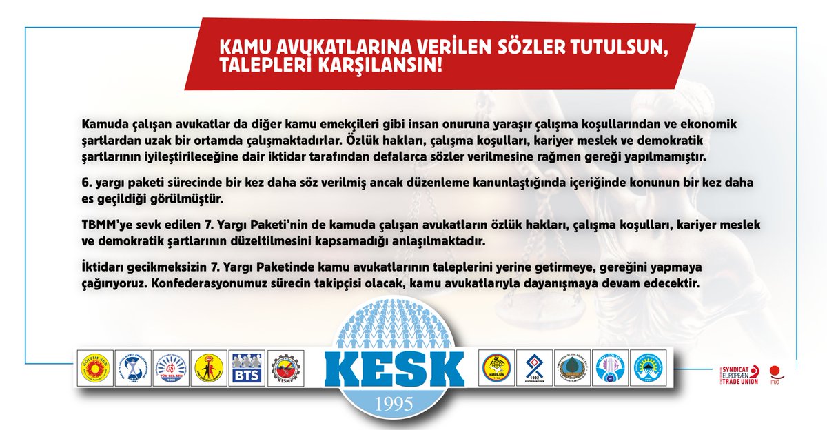 Kamuda çalışan #avukatlar da diğer kamu emekçileri gibi insan onuruna yaraşır çalışma koşullarından ve ekonomik şartlardan uzakta çalışmaktadırlar. 

İktidarı 7. Yargı Paketinde kamu avukatlarının taleplerini yerine getirmeye çağırıyoruz.
