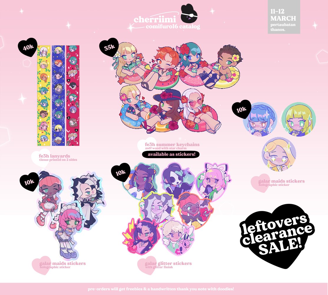 hello! my #cf16 early pre0rder form for part 1 is open! 💗 more paper goods coming soon~
🍒chainsaw man, xsoleil, ffxiv, fe3h, pokemon, original art

💗 cf16 pick-up only (both days)
💗 january 20th 2023 - february 3rd 2023

check out the replies for the form link ⤵️