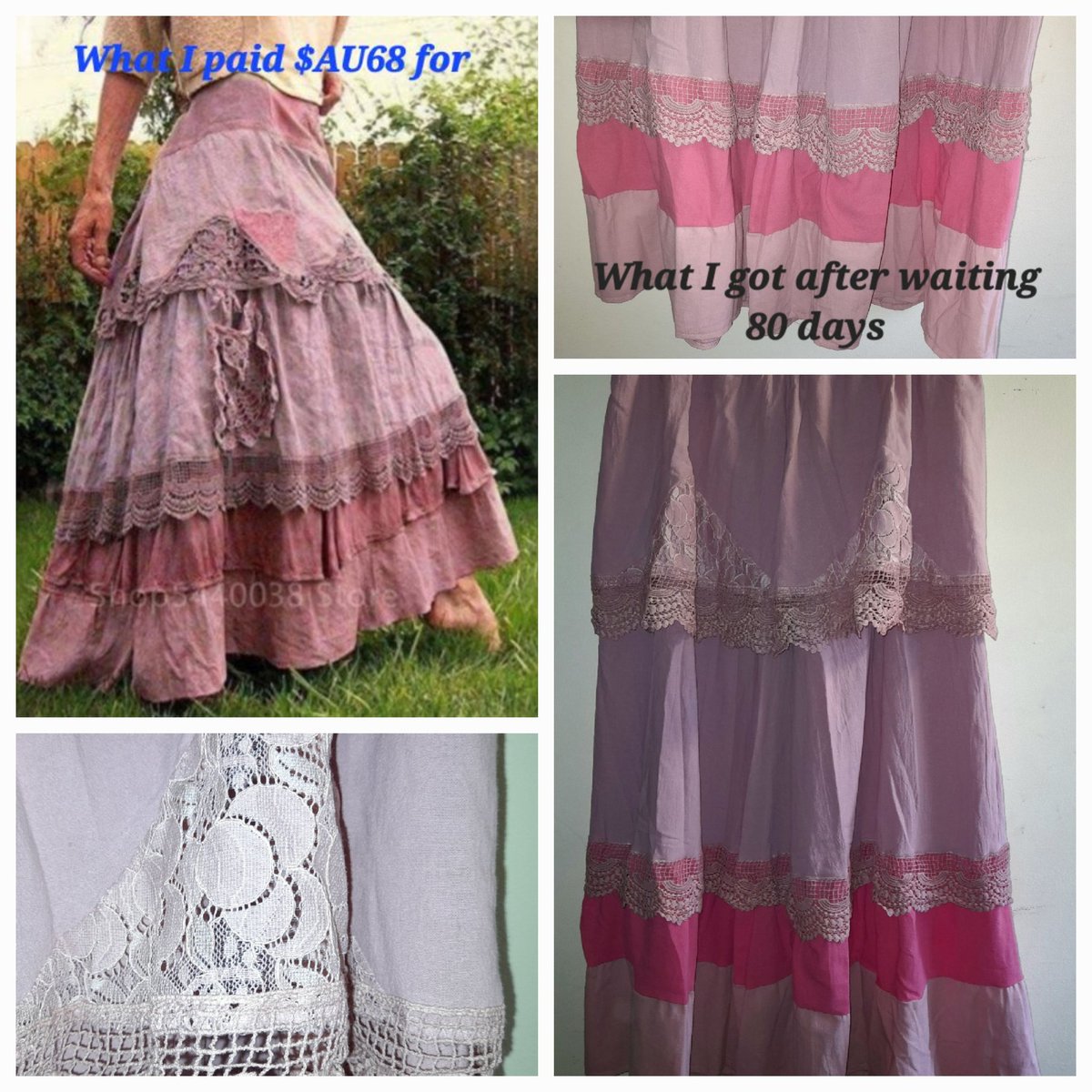 CountessAu's tweet photo. Fool me again. I waited 80 days for 2 skirts I paid $AU136 from #Ishka. Revolting garbage knock offs that look like aprons. Demanding my money back. Shame on you @afterpay_au for having these thieving crooks on your platform. Lodging complaints with @acccgovau #FairTrading https://t.co/J58WjJhqXi