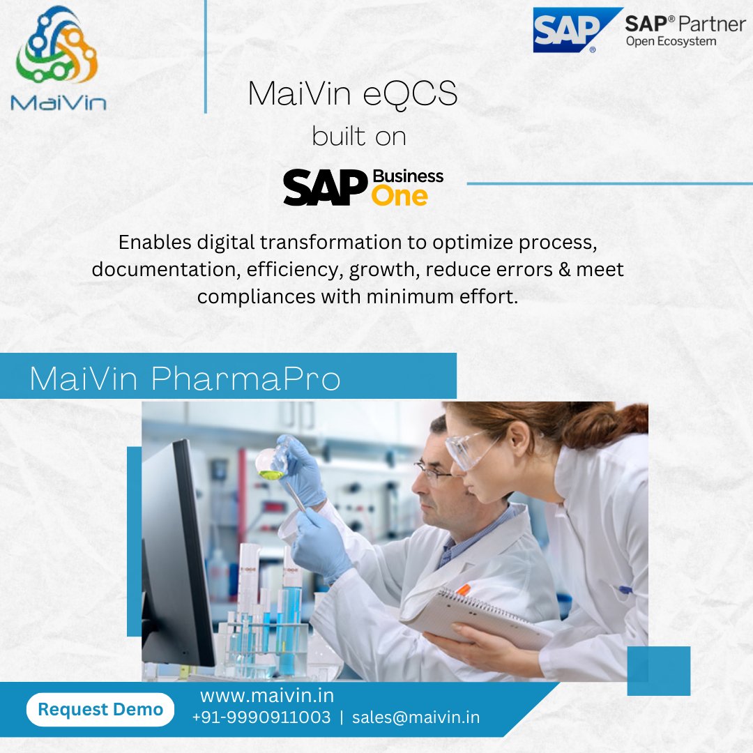 MaiVinServices's tweet photo. MaiVin eQCS Solution Built on SAP Business One enables digital transformation to optimize Process, Documentation, Efficiency, Growth, Reduce Errors & meet Compliances with minimum effort.
To know more,
visit: https://t.co/Gi7xjG9UBK
#PharmaERPsolution #ERP #sap #sapservices https://t.co/hacybQbNcO