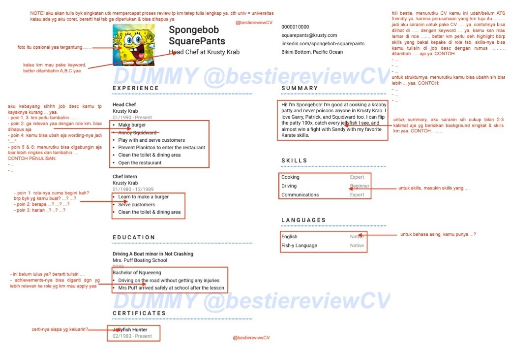 bestiereviewCV's tweet photo. ✨️DUMMY/CONTOH HASIL REVIEW @bestiereviewCV✨️

buat kalian2 yg kepo &amp; bingung dgn hasil review CV &amp; LinkedIn di sini tuh gimana sih? yaa selengkap ini dong, bestie!

note: semua data yg tertera bukan merupakan data pribadi melainkan data dummy/contoh dari tokoh kartun fiktif. https://t.co/zz4OhccLFy