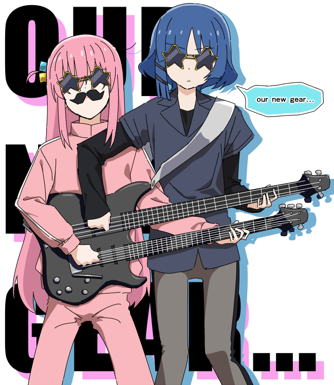 gotoh hitori ,gotou hitori ,yamada ryo multiple girls 2girls instrument cube hair ornament blue hair pink hair long hair  illustration images