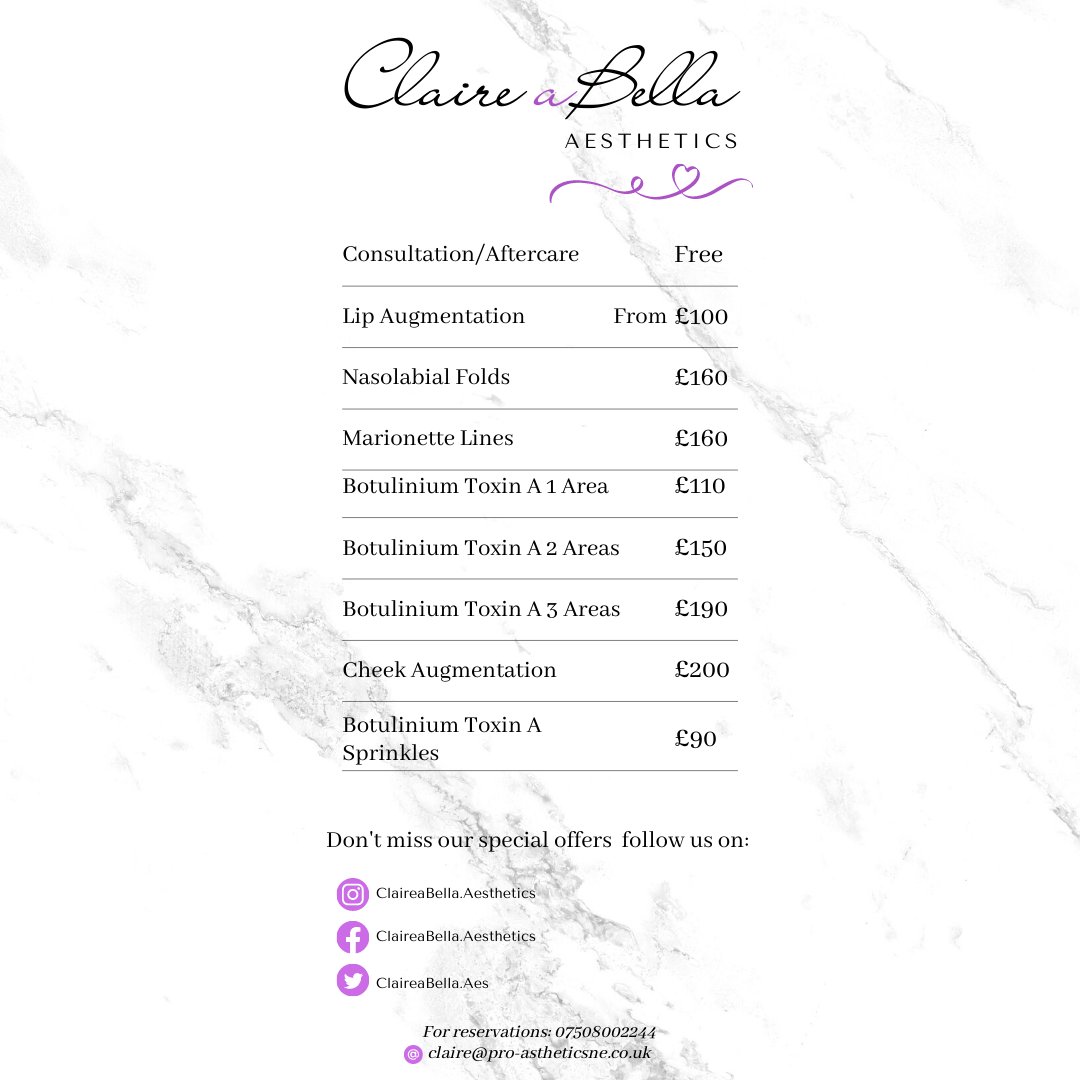 ClaireaBellaAes's tweet image. Here is my price list for all treatments i provide.
#safetyfirst #medicalaestheticpractitioner #Aseptictechnique #claireabellaaesthetics