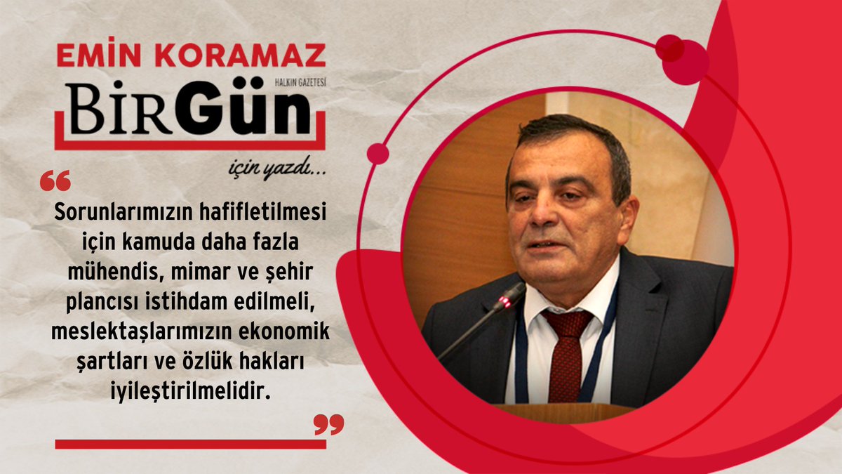 TMMOB Yönetim Kurulu Başkanı Emin Koramaz, 20 Ocak 2023 tarihli BirGün Gazetesi'ndeki köşesinde, kamuda çalışan mühendis, mimar ve şehir plancılarının ekonomik iyileştirme talepleri ve özlük hakları üzerine yazdı. #EmeğimizİçinSesVer
tmmob.org.tr/icerik/emin-ko…