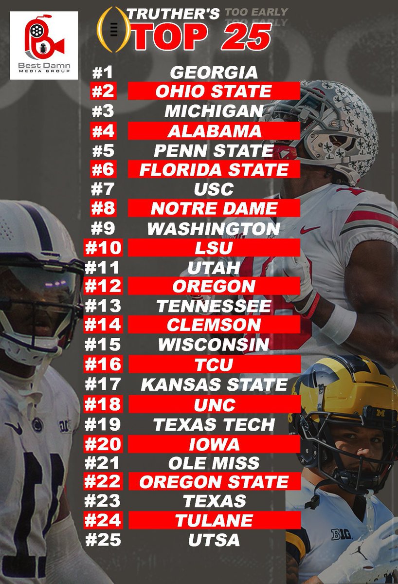 RT @IknowThings19: @BestDamnMedia WAY too early top 25 College Football rankings. Expecting a B1G season in 2023. https://t.co/ric2JYn5no