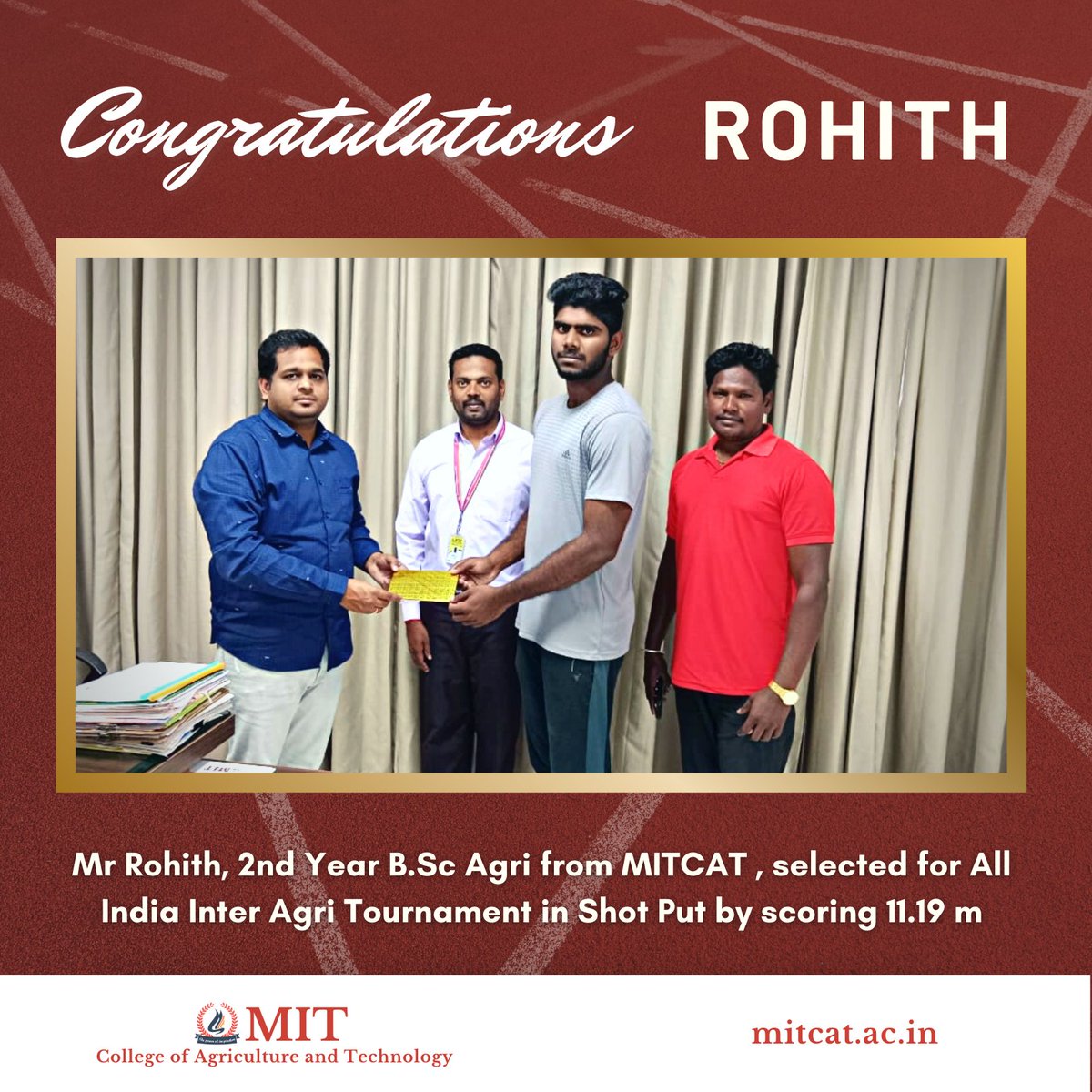 MITCAT_musiri's tweet photo. Hearty Congratulations to Mr Rohith, 2nd Year BSc Agriculture from MITCAT, selected for All India Inter Agri Tournament in Shot Put by scoring 11.19 m

#MITCAT #TNAU #ICAR https://t.co/1s9ChK5rak