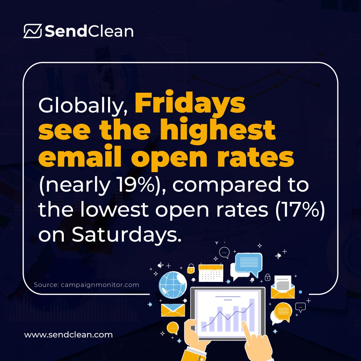 SendClean's tweet photo. With the right analytics, you can make sure your emails are opened all the time, every time!
#EmailMarketing #Email #Analytics #SendClean https://t.co/Eg3DQlsMdP