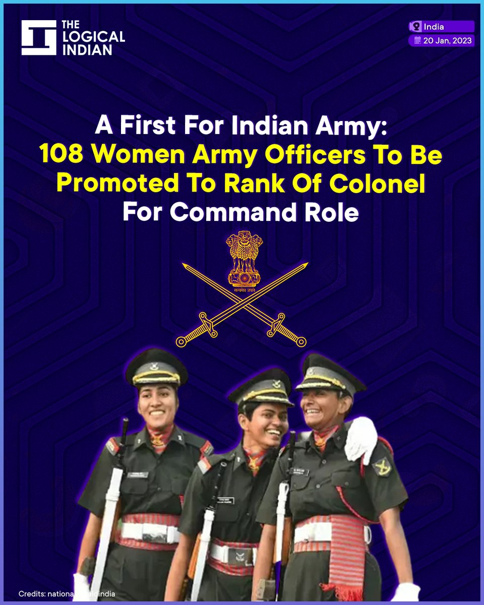 LogicalIndians's tweet photo. One hundred eight female officers have been promoted to Colonel and will now be given command postings, a first for the Indian Army.
#indianarmy #womenarmyofficers #Colonel #commandrole https://t.co/baabYSbz85
