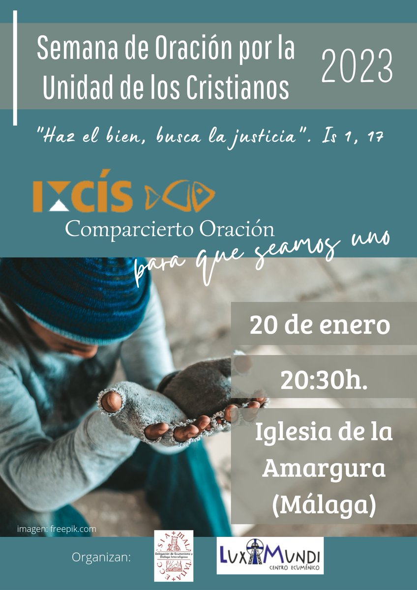 EcumenismoMLG's tweet photo. Día 3 #SOUC2023
"Haz justicia, ama la misericordia, camina humildemente".
"Comparcierto" oración 'para que sean uno' con el @grupoIxcis
📍 Parroquia de la Amargura (Málaga)
🕗 20:30h.
#ecumenismo #UnidadDeLosCristianos #ChristianUnity #christianunityweek https://t.co/JJnYbNh1um