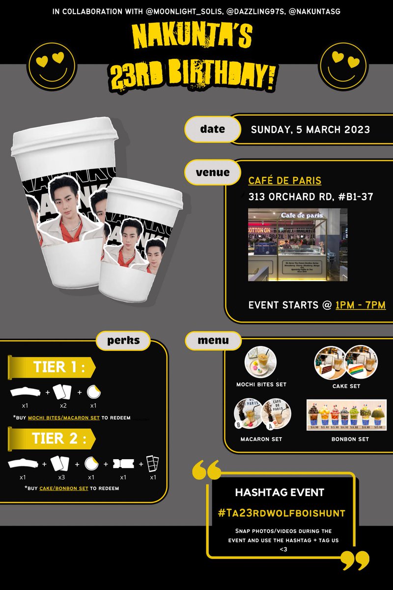 UsTa_SGFC's tweet photo. ❛ 𝑵𝒂𝒌𝒖𝒏𝒕𝒂'𝒔 23𝒓𝒅 𝑩𝒊𝒓𝒕𝒉𝒅𝒂𝒚 ❜

•——•
🕰️; 5 March 2023, 1pm-7pm
📍; Café de Paris, SINGAPORE🇸🇬
💬; https://t.co/emClVZc6XI
*join the telechat for more updates <3
•——•

#TA23rdWolfboisHunt
{ @ta_nannakun }
#ta_nannakun #gangsTa https://t.co/Mx4H6sSiEQ