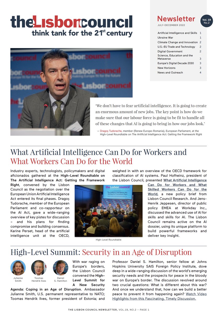 NEW: <a href="/lisboncouncil/">lisboncouncil</a> launches Newsletter Vol 19 No 2, a fascinating look back at 2022 and ahead in 2023 with insights on #AI, #skills, #security in an age of disruption, #climatechange, #innovation and #digitalgovernment. Read more at lisboncouncil.net/wp-content/upl…
