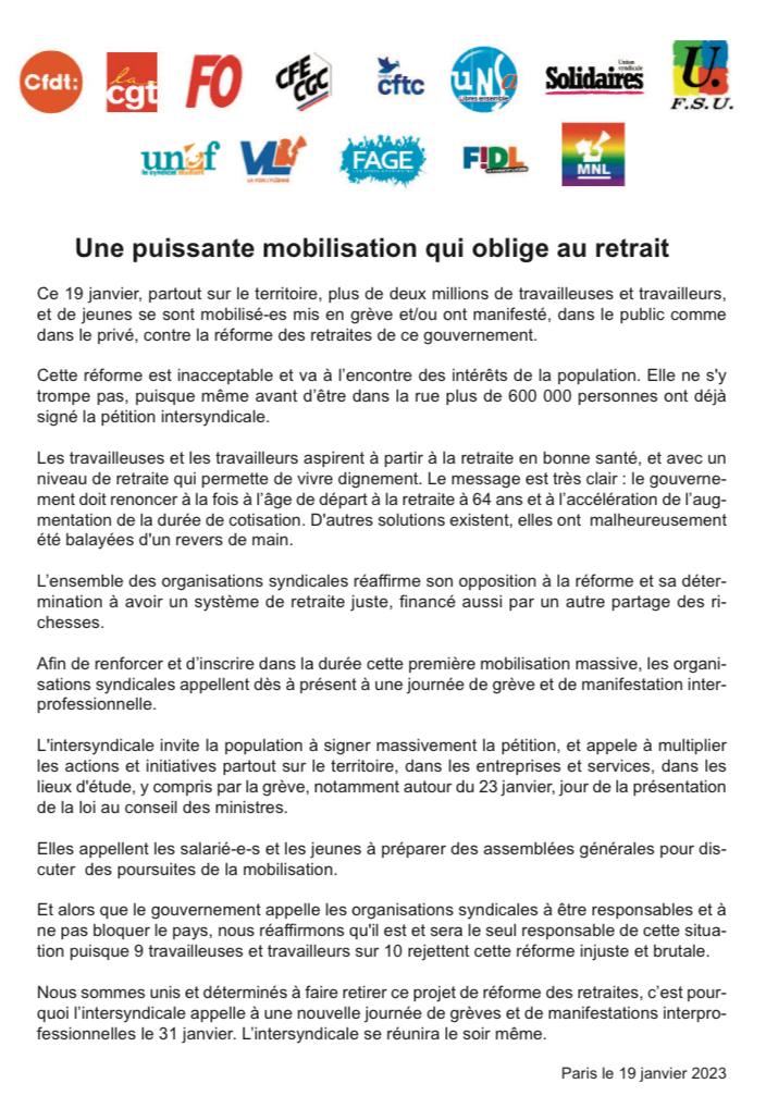 CFDT's tweet photo. || COMMUNIQUÉ DE PRESSE INTERSYNDICAL || Une puissante mobilisation qui oblige au retrait. Nous sommes unis et déterminés à faire retirer ce projet de #RéformeDesRetraites. L'intersyndicale appelle à une nouvelle journée de mobilisation le #31janvier. https://t.co/WtHinZIYC6 https://t.co/bZriafU2kW