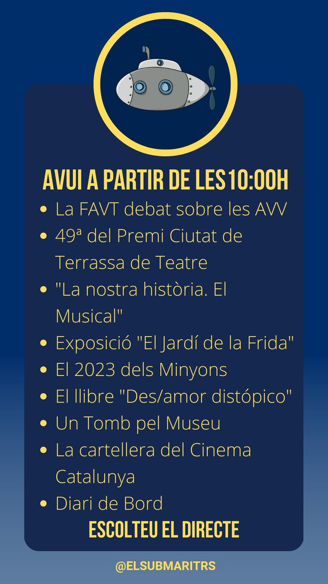 🕙Embarquem a les 10h amb <a href="/favterrassa/">Fav Terrassa</a>, <a href="/SalaCrespi/">SalaCrespi</a>, <a href="/casalstpere/">Casal de Sant Pere</a>, <a href="/PAMTeatre/">PAM teatre</a>, <a href="/cdmtextil/">Museu Tèxtil de Terrassa</a>, <a href="/visitaterrassa/">Terrassa Turisme</a>, <a href="/CulturaDIBA/">Cultura Diputació Barcelona</a>, <a href="/patrimonigencat/">Patrimoni cultural</a>, <a href="/Minyons/">Minyons de Terrassa</a>, <a href="/JaumeMaeso/">Jaume Maeso Simó</a> i <a href="/DinamitaJurado/">Xavi Jurado</a>💬 Seguim a les 11h amb #UriRubio, <a href="/MuseudeTerrassa/">Museu de Terrassa</a>, <a href="/CinemaCatalunya/">Cinema Catalunya</a> i #DiarideBord