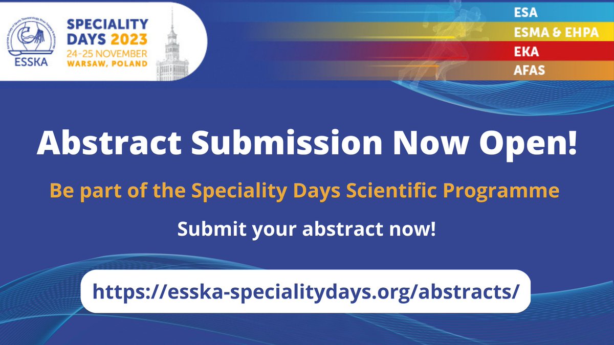 ESSKA_society's tweet image. Abstract Submissions are open for #ESSKASD2023! 

Share your #research with your peers and #leaders in the field. All accepted #abstracts will be considered for Free Papers and displayed as ePosters.

Find out more loom.ly/bNGP3Yo

#sportstraumatology  #Arthroscopy