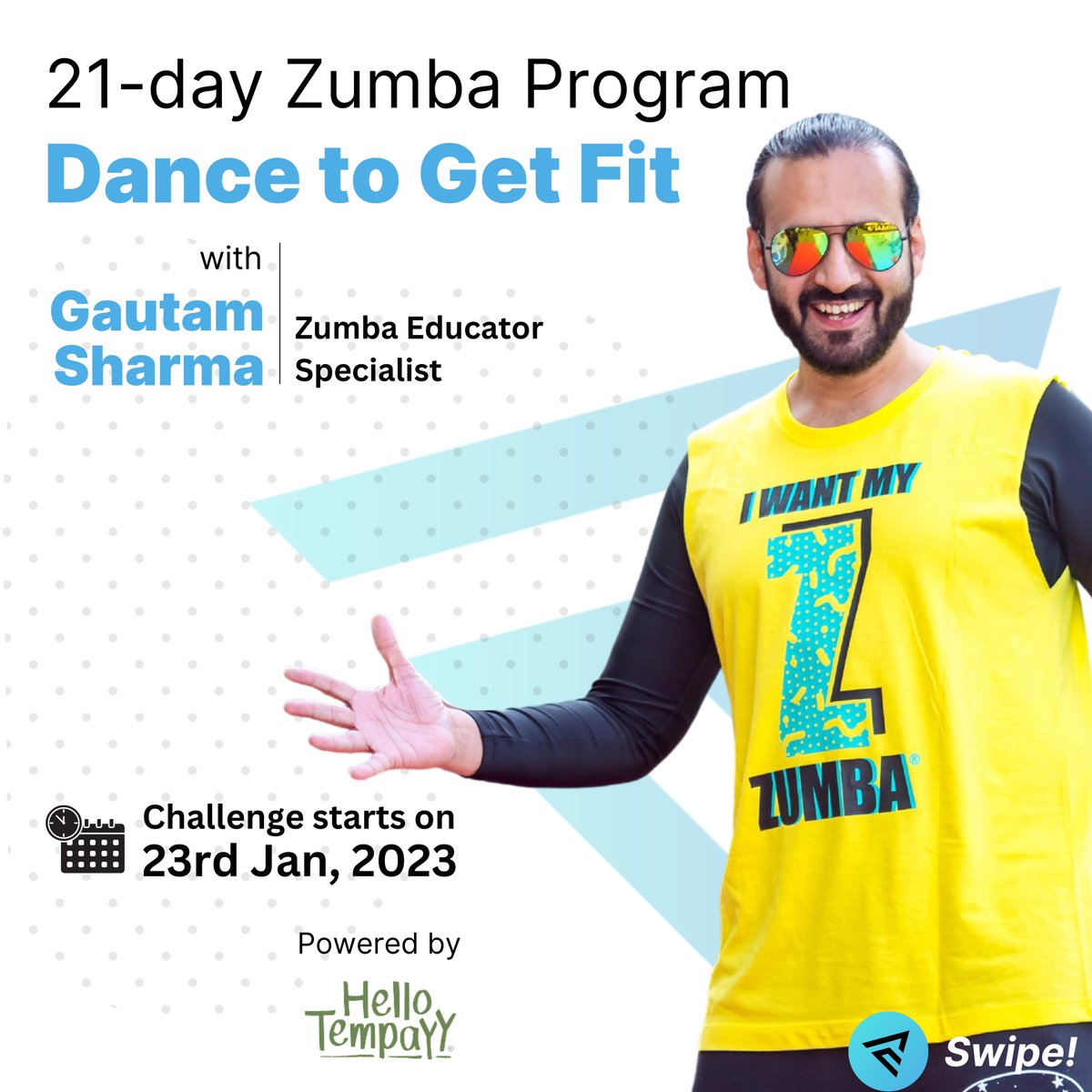 TeamAlphaCoach's tweet photo. Sweat it out in your living room with Gautam Sharma's 21-day Zumba program starting on 23rd Jan on the AlphaCoach Evolve app! Dance your way to fitness at home 💃. Join Now - https://t.co/3GfxOp01yg

#zumba #onlinefitness #zumbainstructor #zumbacommunity #dancefitness #cardio https://t.co/FbXjrL2USU