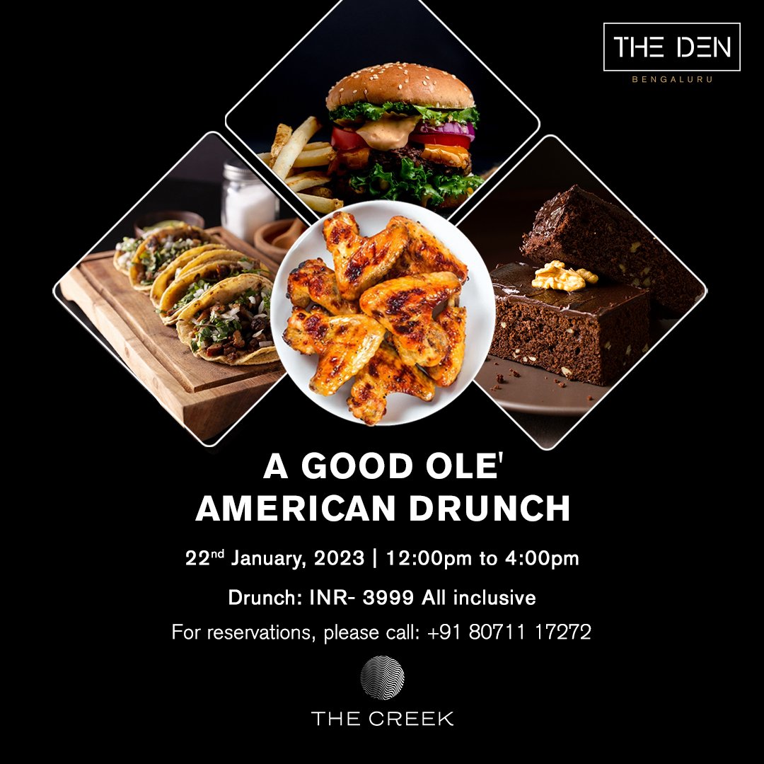 DEN_Bengaluru's tweet photo. An exotic mix of Tex-Mex cuisine and quintessential American delights! Level up your Sunday’s with our American themed brunch at The Creek.
For reservations, please call +91 8071117272
#TheDen #Denhotels #drunch #america #americancuisine #food #drinks #kidsactivities https://t.co/H9K1T72fwg