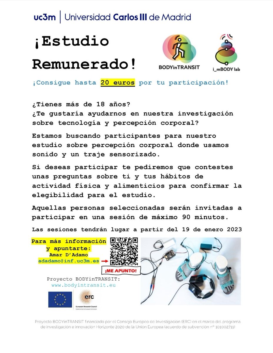 AnaTajadura's tweet photo. ¿Nos ayudas en nuestra investigacion? Si estás cerca de Getafe, participa en nuestro estudio remunerado sobre percepción corporal, sonido y wearables. 20 euros, máximo 90 minutos. Más info en el flyer. Contacta con @4m4r000. #BODYINTRANSIT @imbody @ciencia_uc3m @EPS_UC3M @imbody https://t.co/jbpbNoUrRn