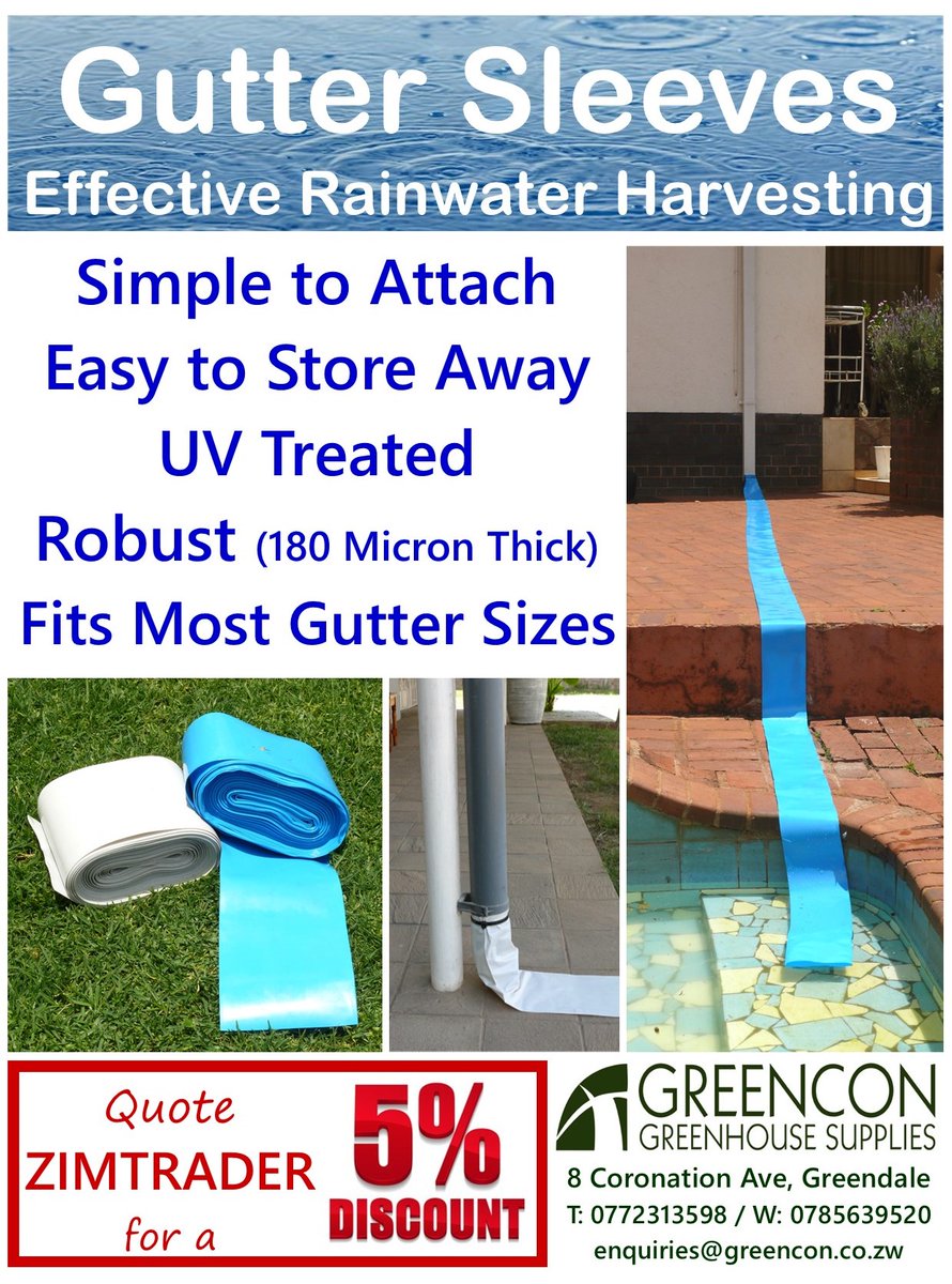 Greencon Ltd  - Gutter Sleeves for Rainwater Harvesting 
QUOTE ZIMTRADER FOR 5% FOR DISCOUNT
This rainy season make every drop count with our high-quality range of portable water harvesting solutions.. call 0772313598/0785639520#guttersleeves #rainwaterharvest #rainwatersystems