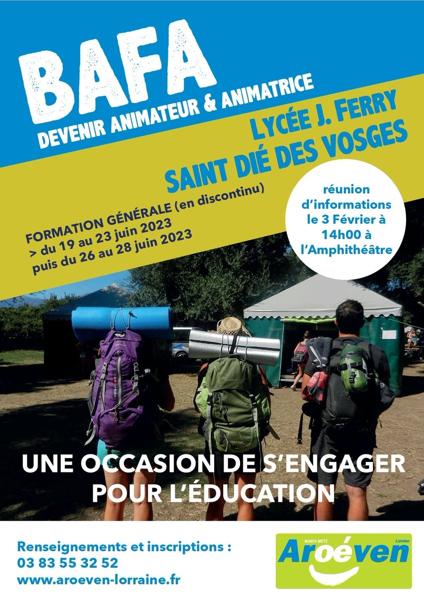 Formation BAFA au Lycée Jules Ferry St Dié. Réunion d'information le 3 février à l'amphithéâtre à 14h. Inscription en vie scolaire.<a href="/RLaganier/">Richard Laganier</a> <a href="/patriciabraun29/">Patricia Braun</a> <a href="/CarolineLux/">Caroline Lux</a> @davlcnancymetz @LesAroeven