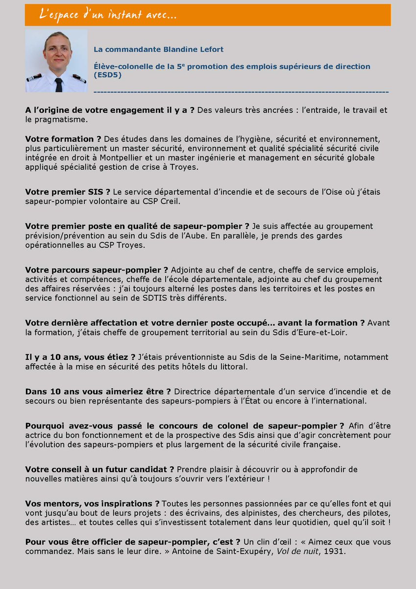 ESD_ENSOSP's tweet photo. À l’origine de son engagement, il y a les valeurs d’entraide, de travail et de pragmatisme. Découvrez pourquoi la #commandante Blandine Lefort s’est présentée au concours de #Colonel de sapeur-#pompier. #Entretien #ESD5 #ColonelDeDemain #ColonelleDeDemain
@Interieur_Gouv https://t.co/c563lWyAg8