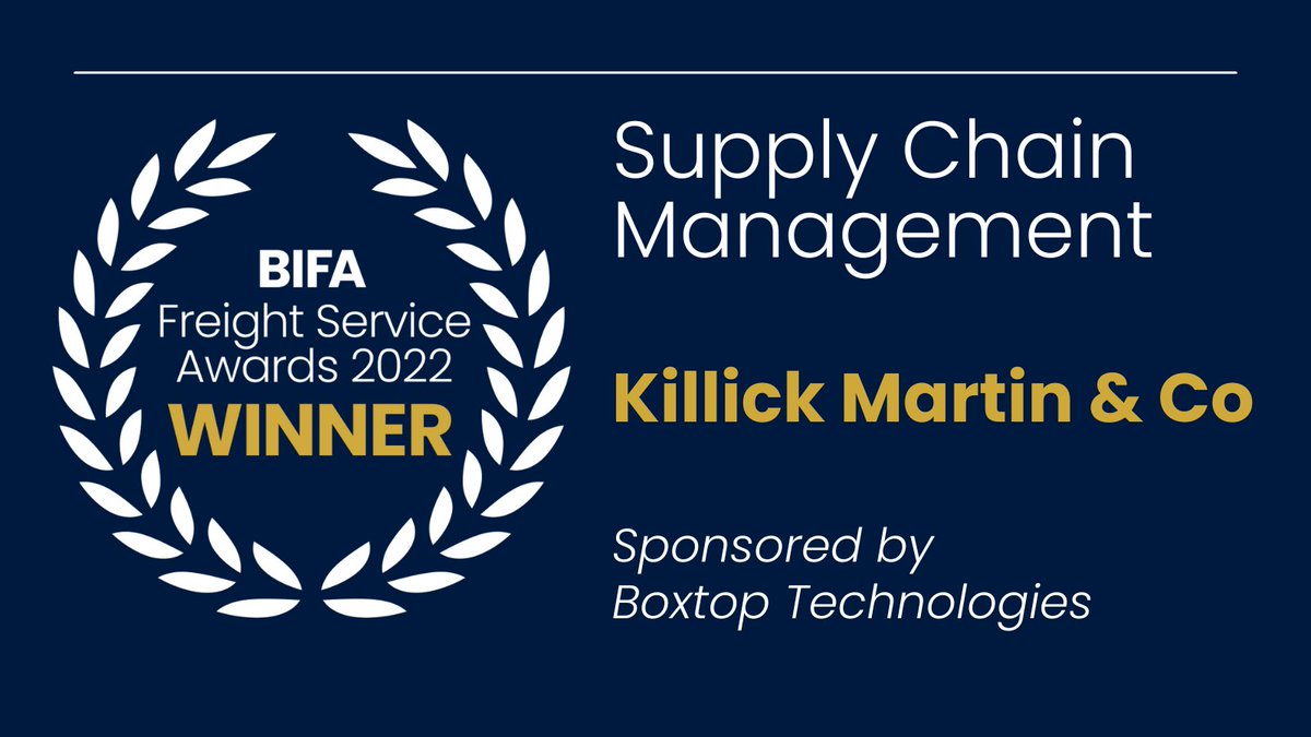 British International Freight Association (@bifa) on Twitter photo Congratulations to <a href="/killickmartinco/">Killick Martin & Company Limited</a> - WINNER of the Supply Chain Management Award at yesterday's Freight Service Awards.
#BIFAawards22
Category Sponsor: Boxtop Technologies Congratulations to <a href="/killickmartinco/">Killick Martin & Company Limited</a> - WINNER of the Supply Chain Management Award at yesterday's Freight Service Awards.
#BIFAawards22
Category Sponsor: Boxtop Technologies