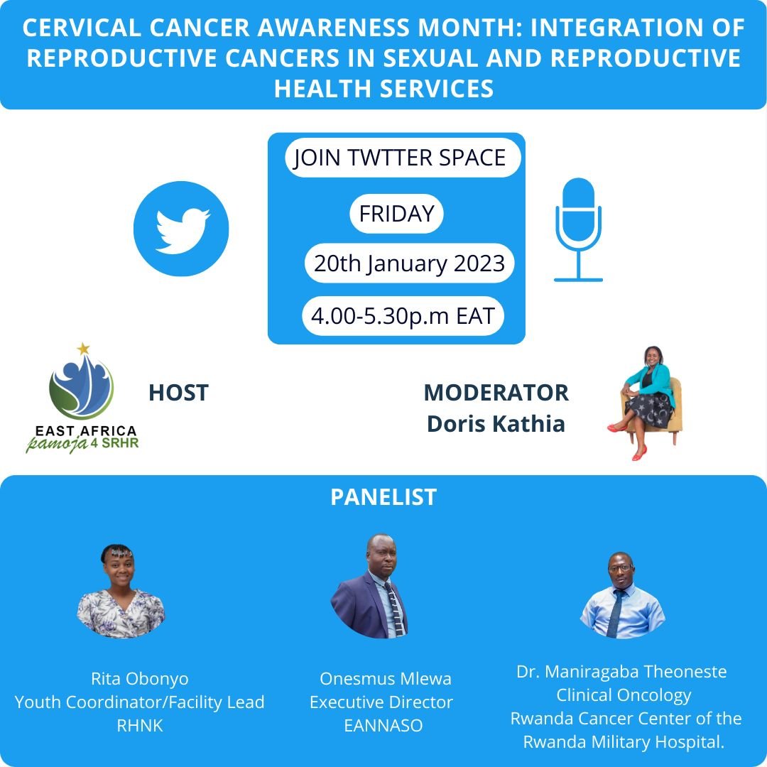 RwandaNGOForum's tweet image. Part of #CervicalCancerAwarenessMonth, @EACPamoja4SRHR is hosting a Twitter Space to discuss &quot;Integration of Reproductive cancers in sexual and reproductive health services as provided in the #EACSRHBill &quot; this Friday at 4:00P.M.
Join us to discuss all things #ReproductiveCancer