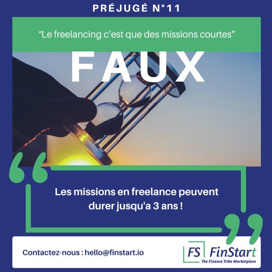 #PRÉJUGÉ N°11 

➡️ Chez FinStart.io la durée moyenne des missions que nous proposons est de 9 mois ! ⏳

FinStart.io est la Marketplace n°1 en #finance, #comptabilité, #risque et #conformité.

🔗 Go : web app.Finstart.io 

 #Freelance #Consulting