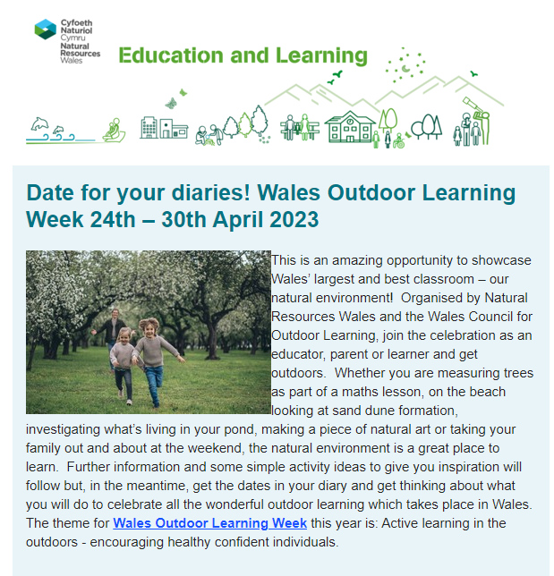 _OLW_'s tweet photo. 📢Issue 26 of @NatResWales Education &amp; Learning newsletter is out now! 🗞️ Read all about:

Wales Outdoor Learning Week 😃🏖️🏞️

New 🔥🪚  resources

Case studies from @NYGforestschool 🌲🌳👥@MudiadMeithrin 👧🧒 &amp; much more! 

 👉 https://t.co/wlA6SVK1km https://t.co/MzkOpLyibY
