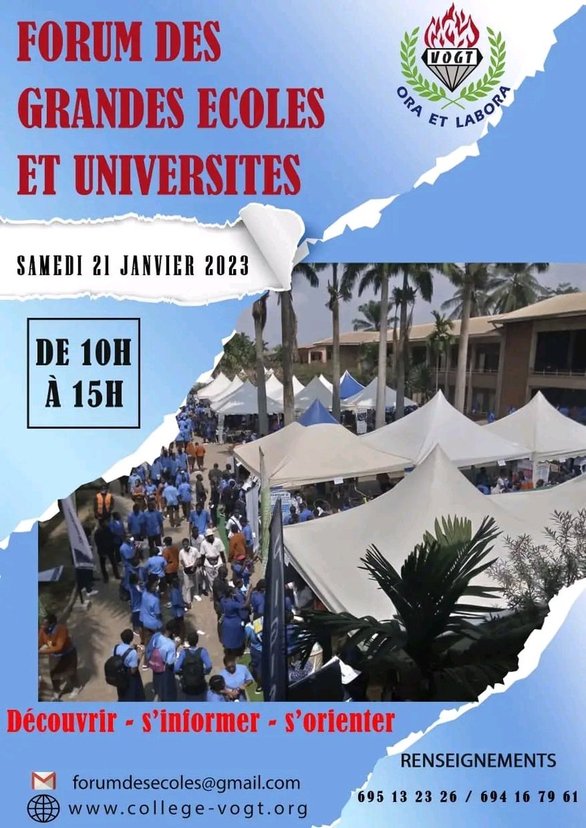 Vous avez un projet d'études en France 🇨🇵 ? 

Retrouvons-nous dès 10H, au Collège Vogt, ce samedi 21 Janvier 2023, à l'occasion du "Forum des Grandes Écoles et Universités".

Nous parlerons de :
✔️#VisaEtudiant
✔️#AVI
✔️#CautionBancaire
✔️#LogementEtudiant
✔️#AssuranceVoyage
