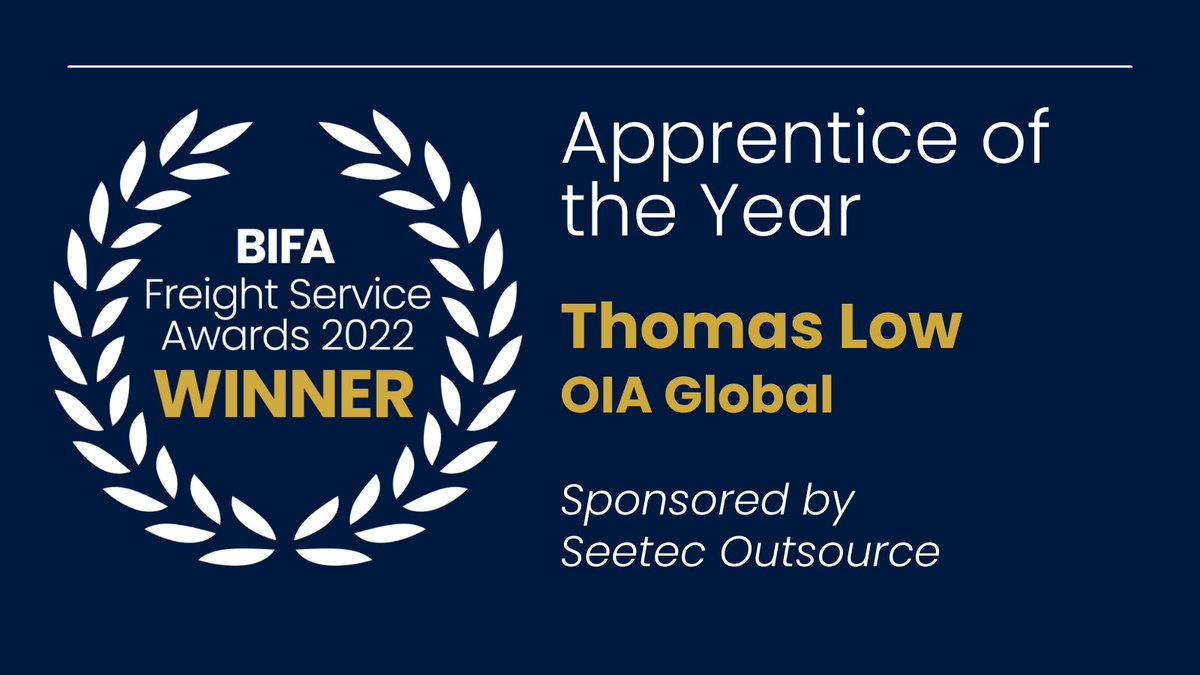 British International Freight Association (@bifa) on Twitter photo Congratulations to Thomas Low - <a href="/oiaglobal/">OIA GLOBAL</a> - WINNER of the Apprentice of the Year category of the 2022 Freight Service Awards.
#BIFAawards22 Category Sponsor: @SeetecOutsource Congratulations to Thomas Low - <a href="/oiaglobal/">OIA GLOBAL</a> - WINNER of the Apprentice of the Year category of the 2022 Freight Service Awards.
#BIFAawards22 Category Sponsor: @SeetecOutsource