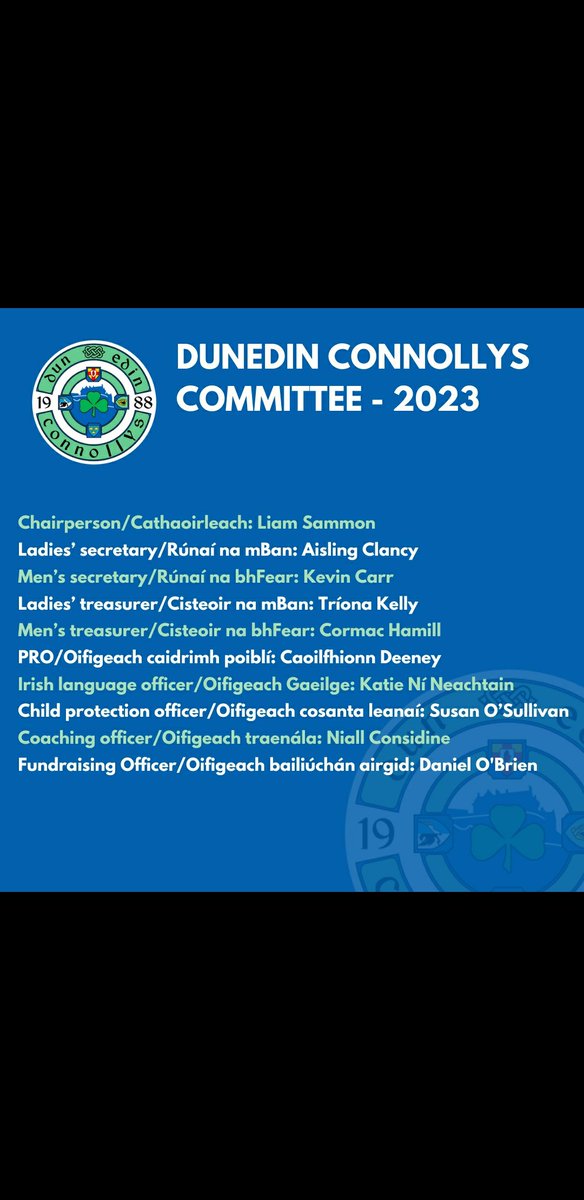 Dunedin Connollys are proud to announce the incoming committee for the 2023 season. We look forward to welcoming all players, old and new, ahead of the upcoming season 🟢🔵

#gaa #scotland