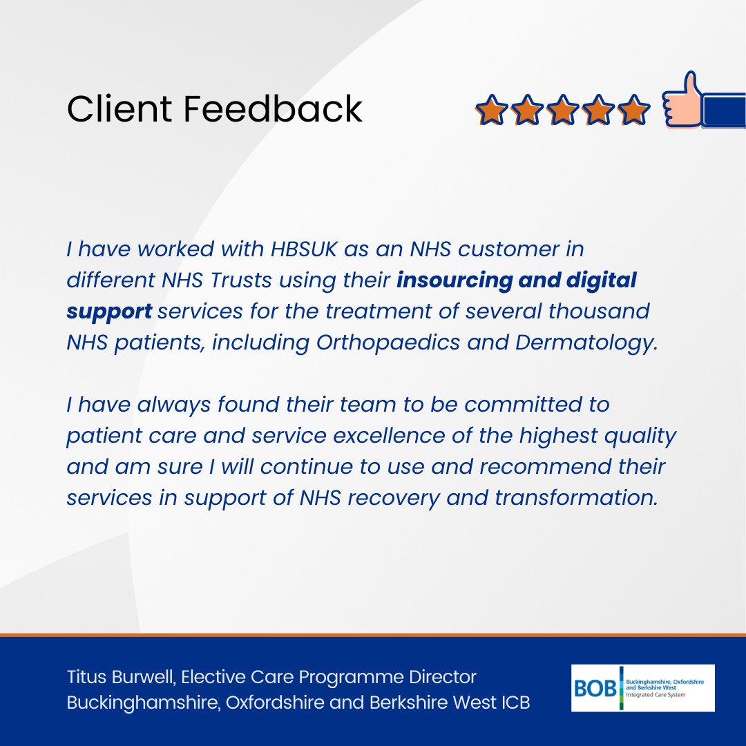 #FeedbackFriday  💬

We are delighted to share what NHS customers think about our #insourcing and #digitalsupport services.

*****

Find out how we can help you end the backlog: hbsuk.co.uk | 0115 857 3842

#electivecare #waitingtimes #endthewait #nhssupport