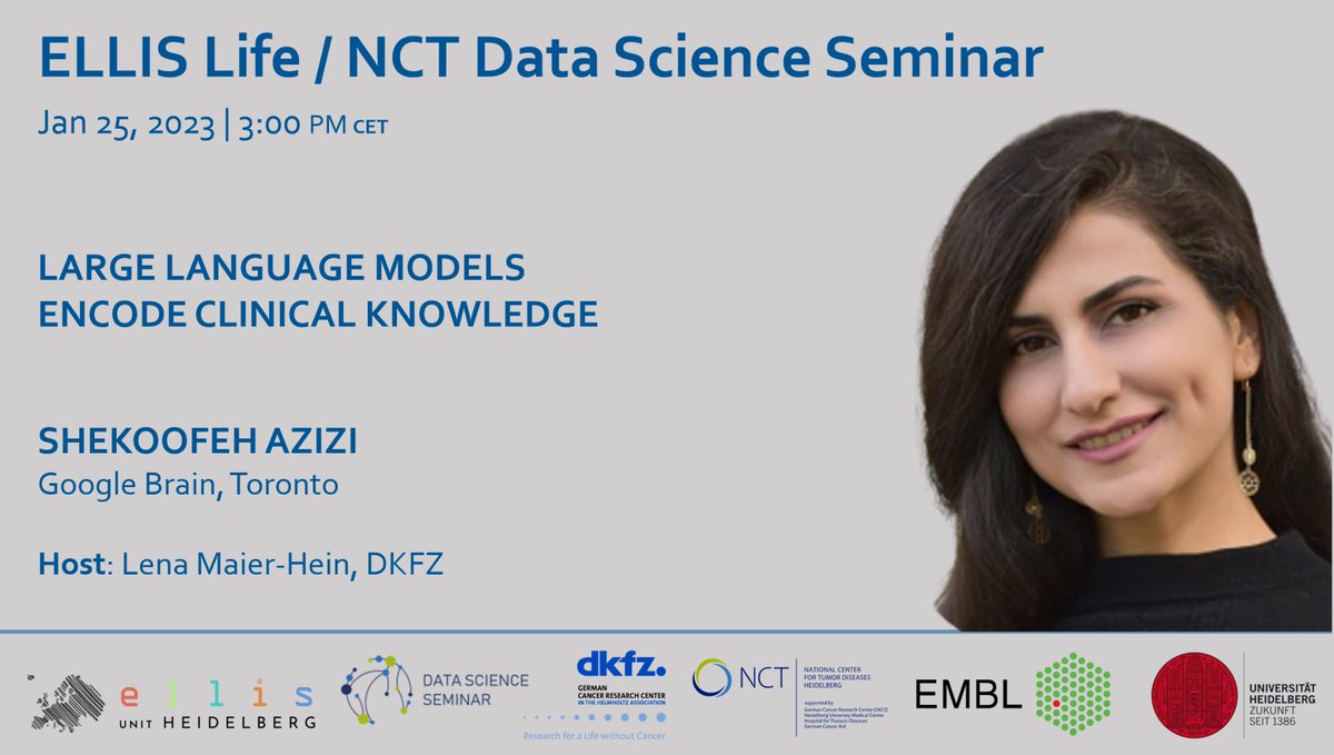doreen_HeNoe's tweet image. Don&apos;t miss the next ELLIS Life / NCT Data Science Seminar by @AziziShekoofeh on Large Language Models Encode Clinical Knowledge on Jan 25 at 3:00 PM CET. 
@ellislifehd @DataScienceDKFZ @lena_maierhein 
Registration: us02web.zoom.us/meeting/regist…