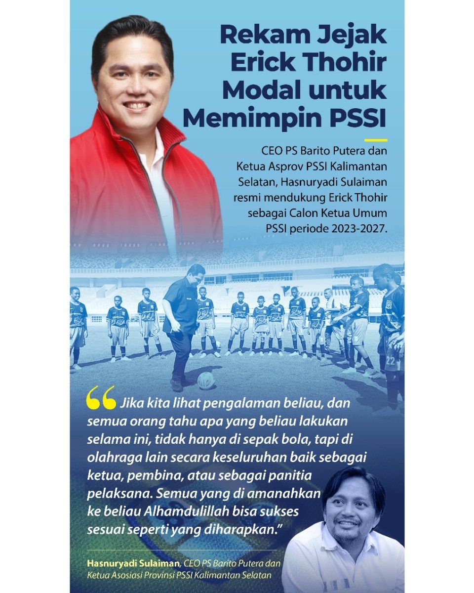 Rekam jejak yang baik dengan segala prestasi yang ada untuk modal menjadi pemimpin PSSI ✨
.
.
#KitaHadapiKitaAtasi
#erickthohir #etroopersjabar #etroopersaction #ethosukabumi #ethocianjur #sukabumi #cianjur