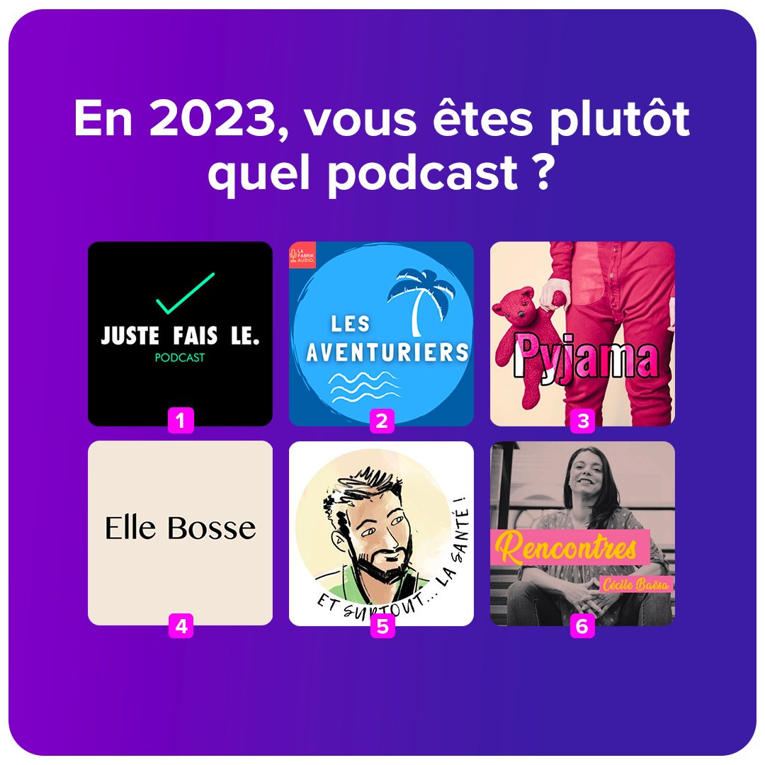 Quel podcast pour quel mood ? 🔥

 En 2️⃣0️⃣2️⃣3️⃣, vous êtes plutôt ? 

Créatif et inspiré (1) <a href="/jfl_podcast/">Juste fais le podcast</a>

Aventureux (2) <a href="/aventurepodcast/">🎤 Les Aventuriers 🌵 Podcast de La Fabrik Audio</a> 

Détente (3) 

Déterminé et passionné (4) <a href="/Elle_bosse/">Elle Bosse</a> 

En forme (5)

Sociable et curieux (6) <a href="/CecileBaesa/">Cécile Baesa</a> 

Dis-le nous en commentaires 💬