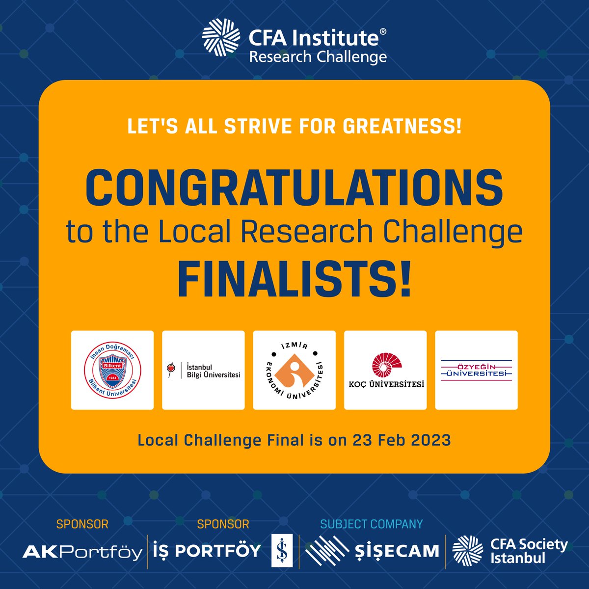 CFAIstanbul's tweet photo. Congratulations to Bilkent, İstanbul Bilgi Team 1, İzmir Ekonomi, Koç Team 2, and Özyeğin universities (listed in alphabetical order)! Wishing you all best of luck for the local final on 23 February Thursday! 🍀🐞 https://t.co/PnciZ4OYOM