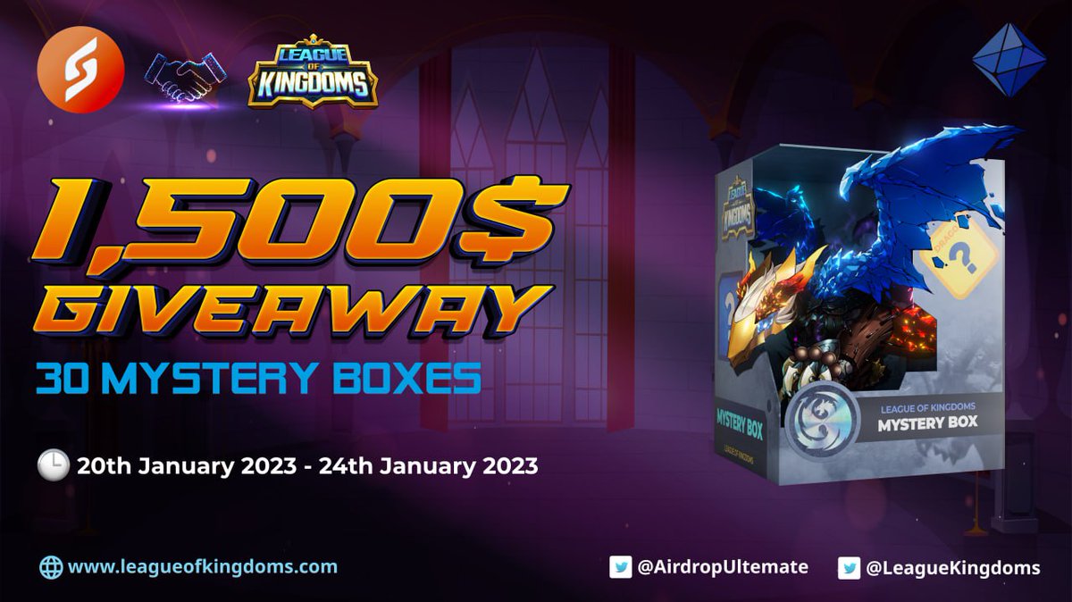 🥳 <a href="/LeagueKingdoms/">League of Kingdoms Arena</a> x <a href="/AirdropUltemate/">Airdrop Ultimate</a> #Giveaway

🏆 Prize Pool -- 30 Mystery Boxes 
🎁 (30 Box worth upto ~$1,500)

✅Follow <a href="/LeagueKingdoms/">League of Kingdoms Arena</a> @RealPelleusLok
✅Rt and Tag 3 Friends
✅Complete other tasks on bot: t.me/DragoMysteryBo…

⏱️Ends 24th January

#ETH #Airdrops #Crypto