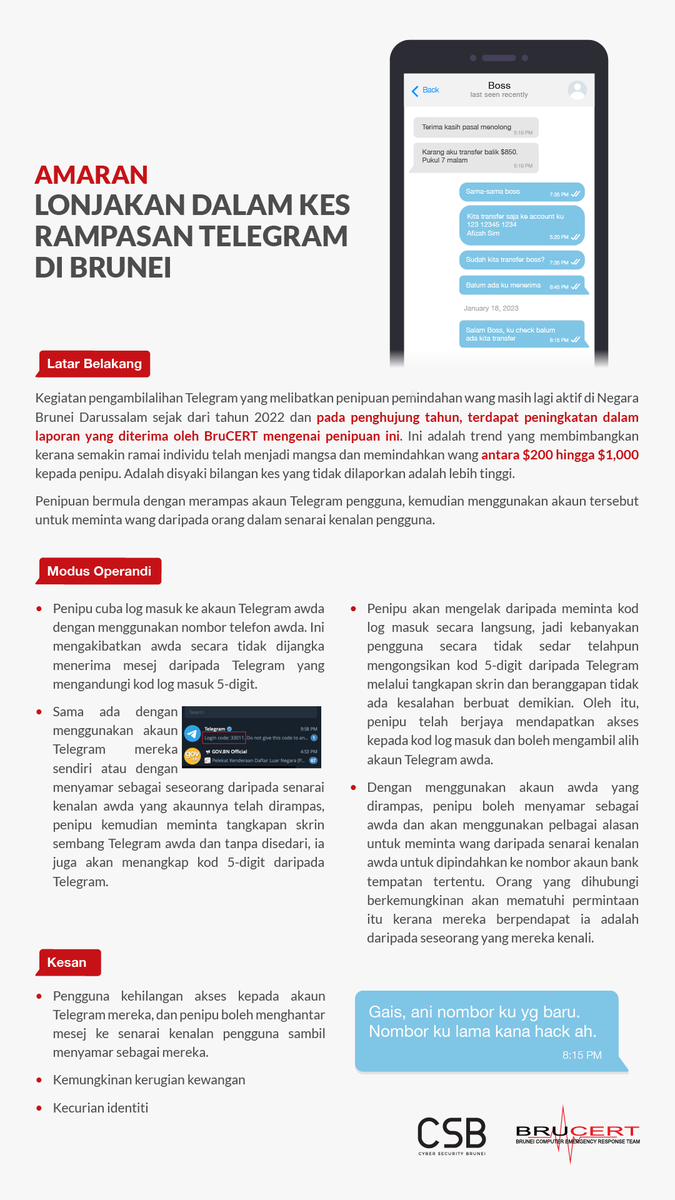 BruneiCERT's tweet photo. Semakin ramai individu di Brunei kini telah menjadi mangsa penipuan melalui akaun Telegram yang dirampas. Orang awam adalah dinasihatkan untuk berhati-hati dan berwaspada dengan penipuan ini.
#silajanganterjebak #scam #Telegram #TelegramTakeover #TelegramHijacking #Brunei https://t.co/rzWD5F3XMp