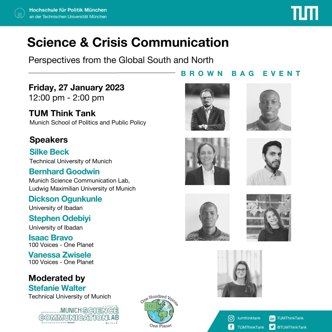 Are you interested in Science and Crisis Communication? You should join the brown bag event next week, Jan. 27, from 12:00 to 14:00 @TUMThinkTank where perspectives from the global north and south will be shared.