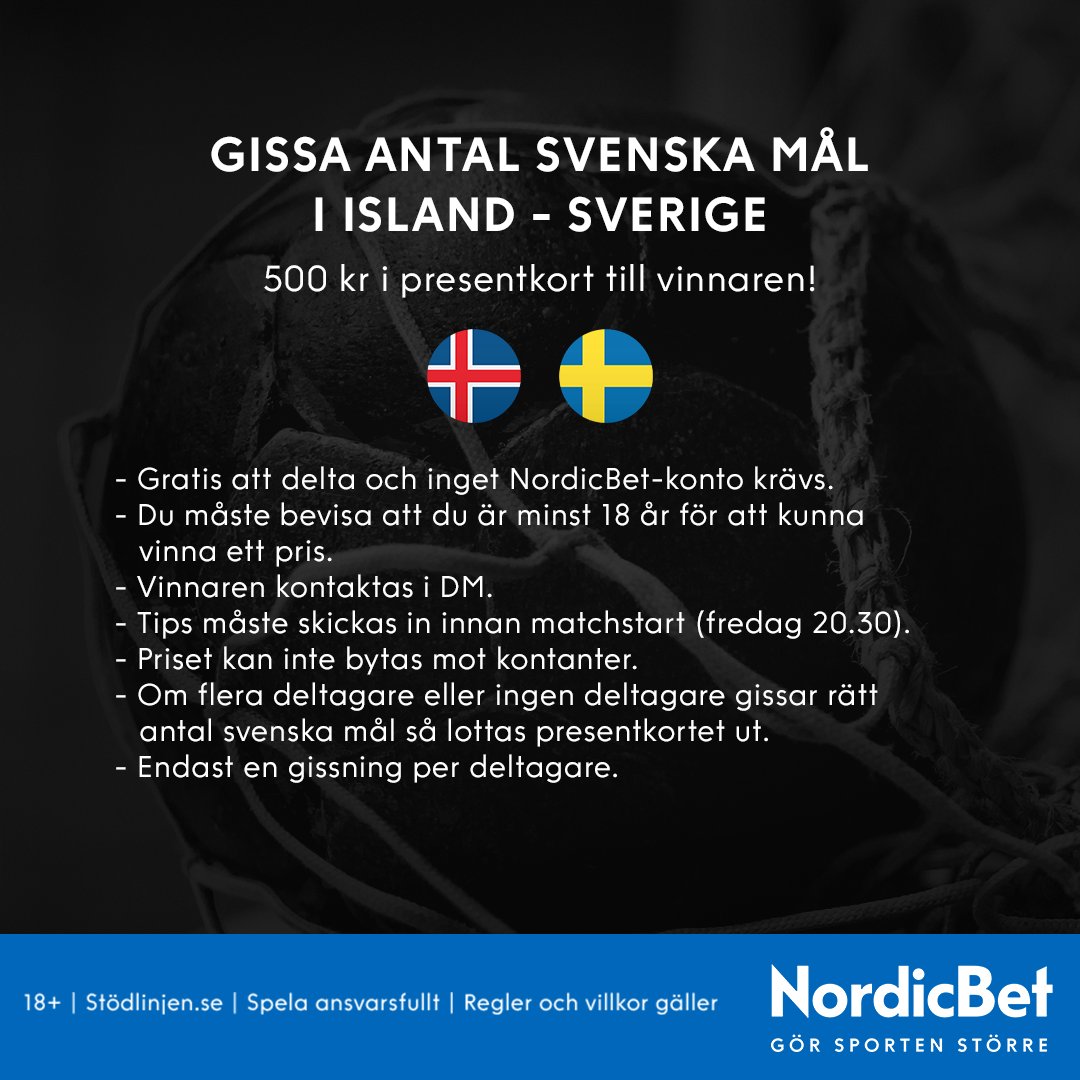 NordicBetSV's tweet image. Tävling till Island-Sverige! 🇮🇸🇸🇪

1. Gilla tweeten och följ oss. 👍
2. Gissa antal svenska mål i matchen genom att kommentera tweeten. 🤾

- En vinnare tar hem ett superpresentkort värde 500 kr. 😃

+18 år | stödlinjen.se