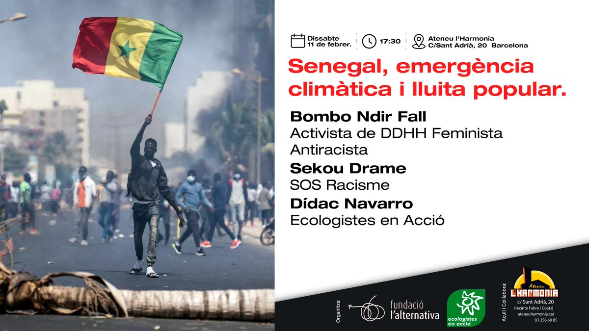 🙋‍♀️ El pròxim dissabte 11 de febrer us esperem a l'@AteneuHarmonia per parlar sobre l'emergència climàtica i lluita popular al Senegal amb Bombo Ndir, Sekou Drame i Dídac Navarro.