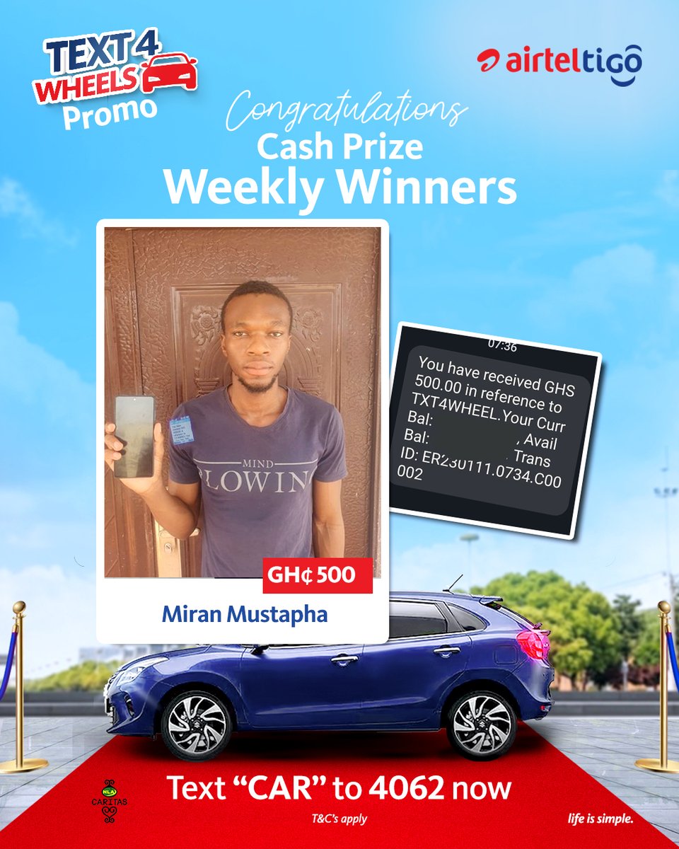 theatghana's tweet photo. Congratulations to our new set of winners from the #AirtelTigo #Text4Wheels promo.
Be a part of it by simply texting 'CAR' to 4062. Send as many texts as can to increase your chances of winning.
#LifeIsSimple #UseAirtelTigo https://t.co/khrnQ3gSCd
