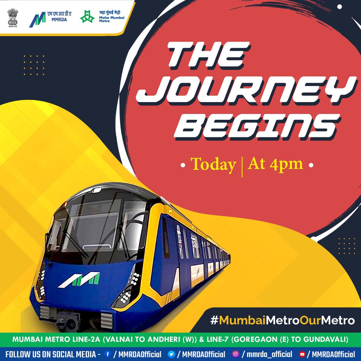 MMRDAOfficial's tweet photo. #MumbaiMetro #JourneyBegins
#Metroline7 #Metroline2A
#35 kilometers 
Dear Mumbaikars, 
Happy to inform you that 
services of phase II Metro Line 2A &amp; 7 
will be opened for public from
Today 20-01-2023 At 4.00 PM. https://t.co/55OJPJT6rl
