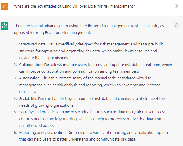 DiriCyber's tweet image. Have you ever wondered what the advantages of using Diri over spreadsheets (such as Excel) are for risk management? Well, now you can just ask ChatGTP! 😁👌

#diri #chatgtp #cyberrisk #cyberriskmanagment #riskmanagement