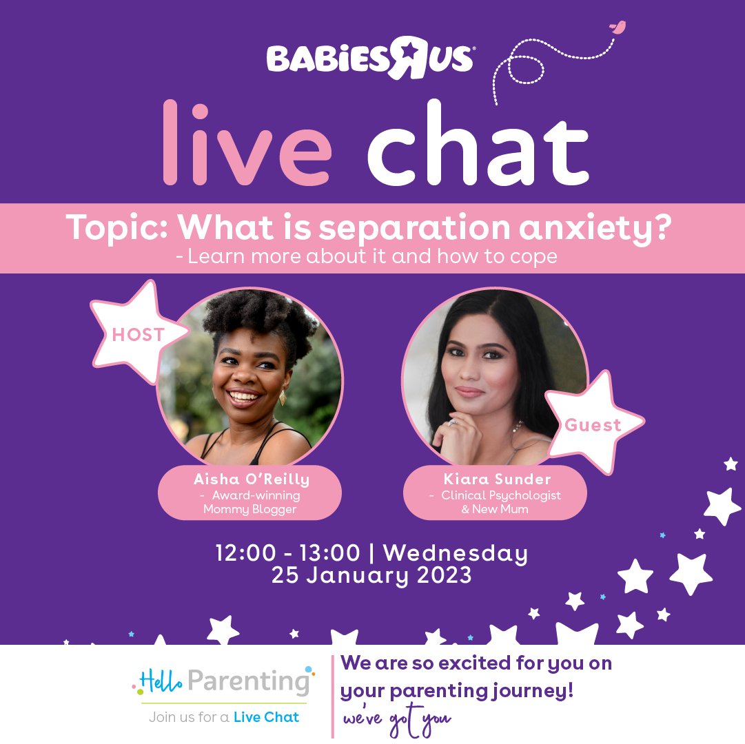 Understand separation anxiety a bit better! 💜
Join @aishaandlife, an award-winning mommy blogger and Kiara Sunder, a clinical psychologist for a LIVE Instagram Chat. 

Date: 25th Jan 2023 
Time: 12:00pm -13:00pm
Where: Live on Babies R Us Instagram 

📌 instagram.com/babiesrus_za