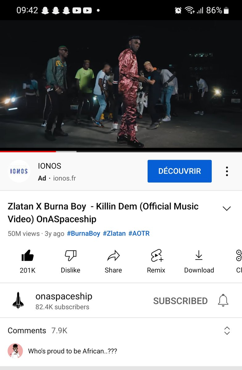 hanamnzali76's tweet photo. Killin Dem by @burnaboy and Zlatan has reached 50 Millions of views on Youtube๐ฅ๐ฅ๐๐ #killindem #gbese #Burnaboy #africangiant #oluwaburna #odogwu https://t.co/a5Rc5xs70A